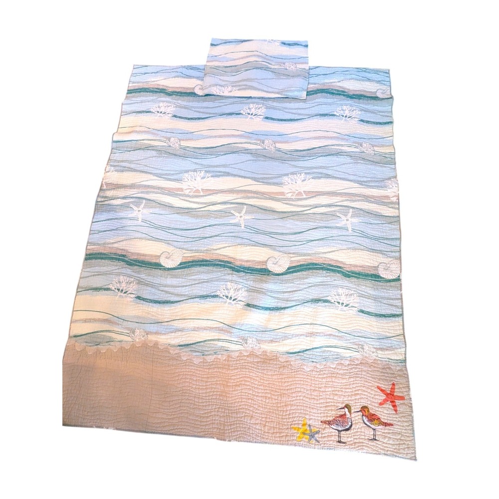 Greenland Home Maui Coastal Cotton Quilt + Sham Set Embroidered Beach 88x67 Twin
